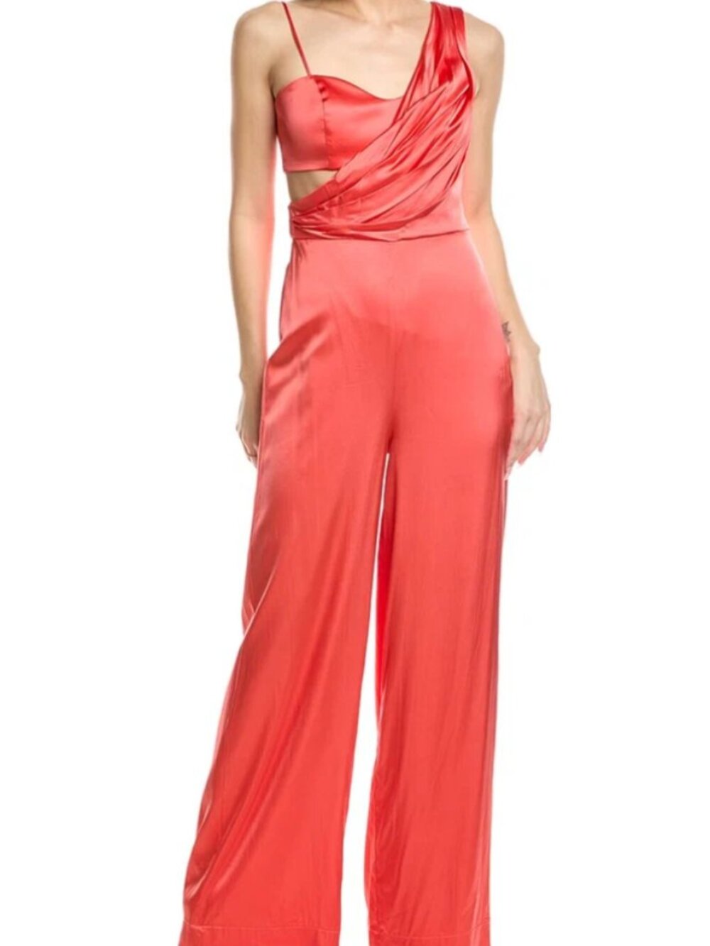 AMUR Blynn Spicy Coral Asymmetrical Pleated Drape Jumpsuit Formal Size 4